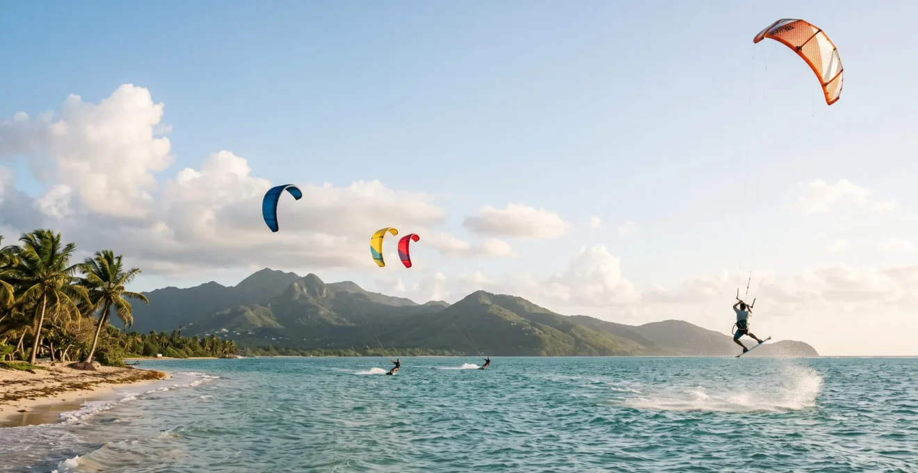 Kitesurfeurs évoluant sur une baie turquoise bordée de cocotiers à Cabarete en République Dominicaine