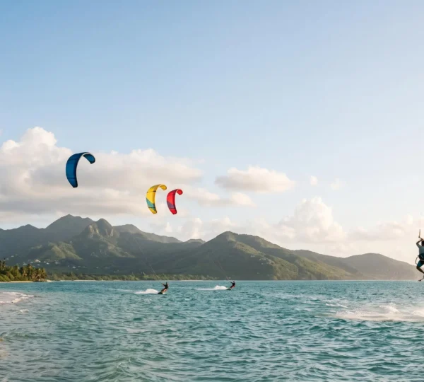 Kitesurfeurs évoluant sur une baie turquoise bordée de cocotiers à Cabarete en République Dominicaine
