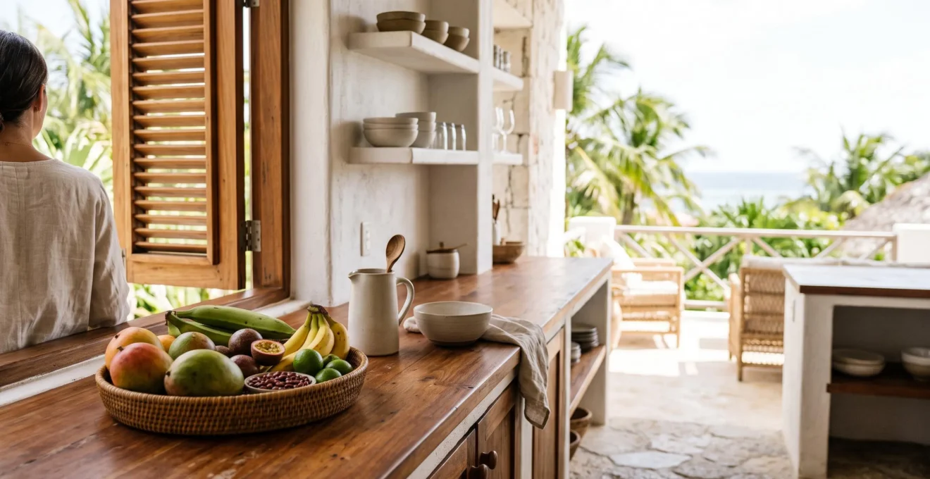 Cuisine ouverte et lumineuse d'un appartement de location en République dominicaine, avec fruits tropicaux et vue sur une terrasse