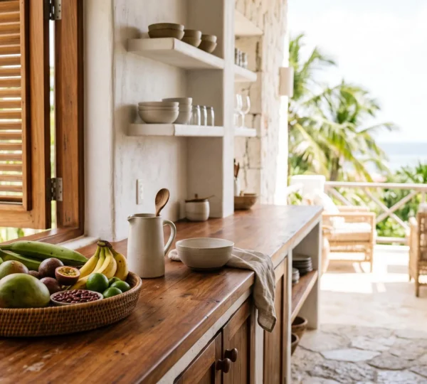 Cuisine ouverte et lumineuse d'un appartement de location en République dominicaine, avec fruits tropicaux et vue sur une terrasse