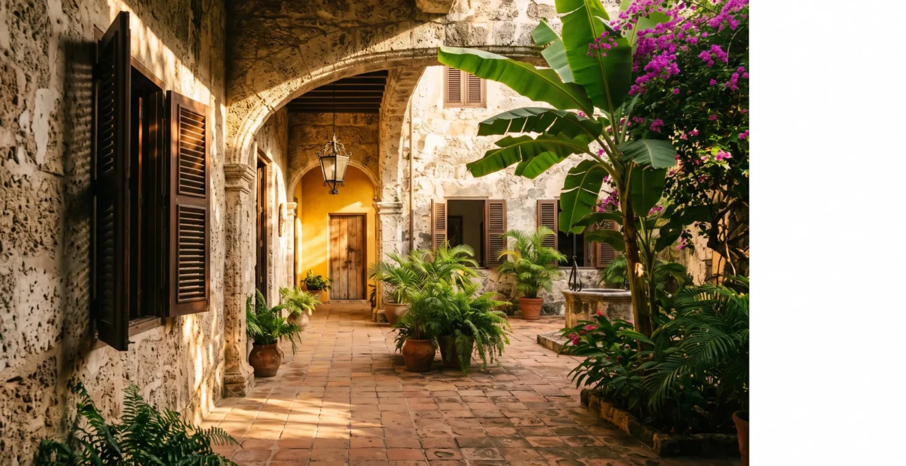 Patio intérieur d'une demeure coloniale du 17ème siècle restaurée, avec murs en pierre corallienne, arcades et végétation tropicale