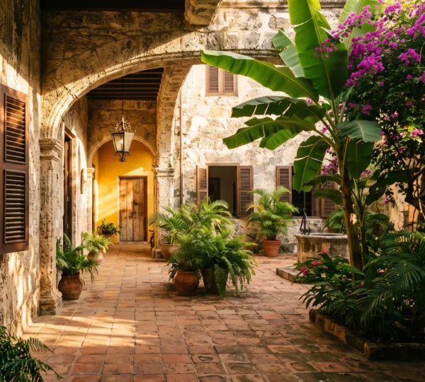 Patio intérieur d'une demeure coloniale du 17ème siècle restaurée, avec murs en pierre corallienne, arcades et végétation tropicale