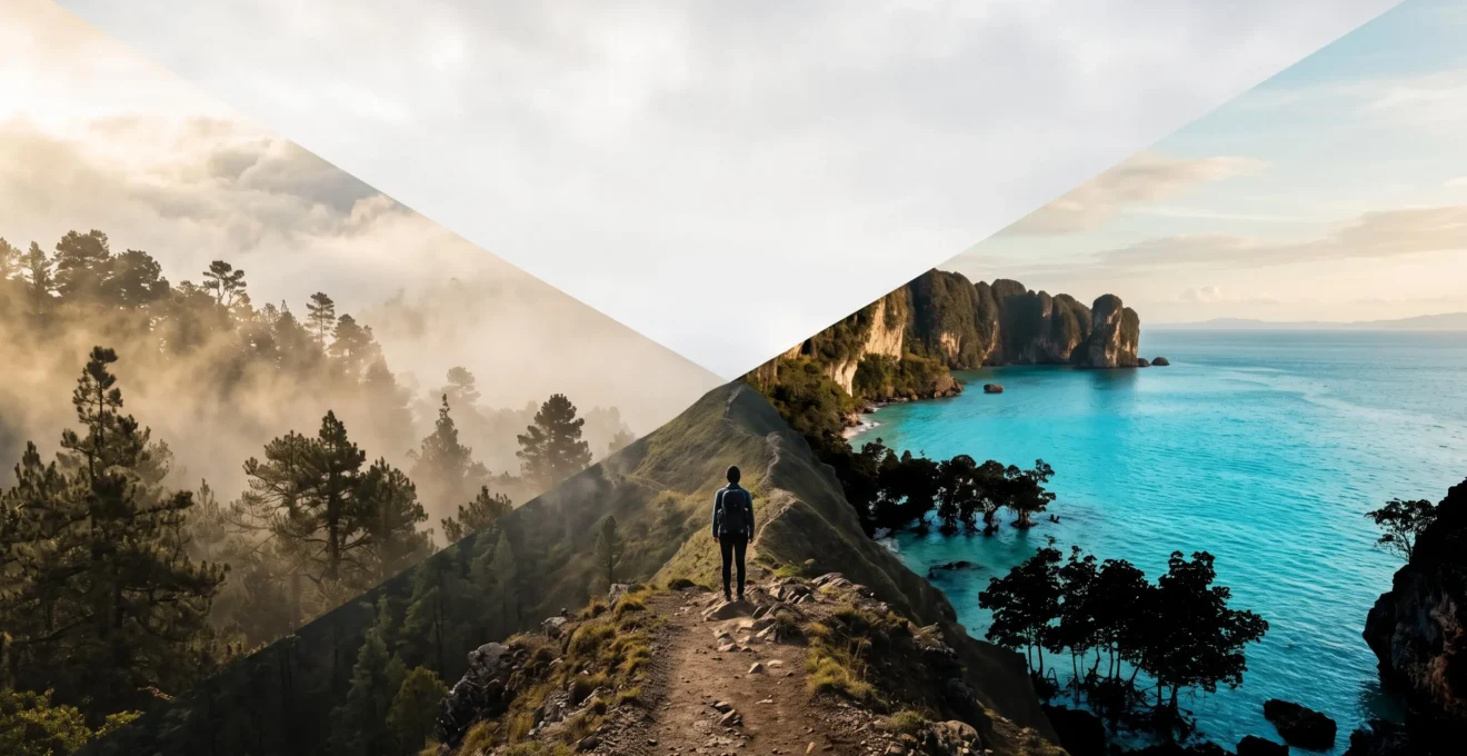 Vue panoramique contrastant une forêt de montagne brumeuse et une côte caribéenne sauvage, symbolisant la diversité des parcs nationaux dominicains