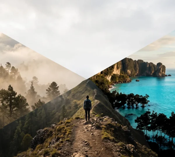 Vue panoramique contrastant une forêt de montagne brumeuse et une côte caribéenne sauvage, symbolisant la diversité des parcs nationaux dominicains
