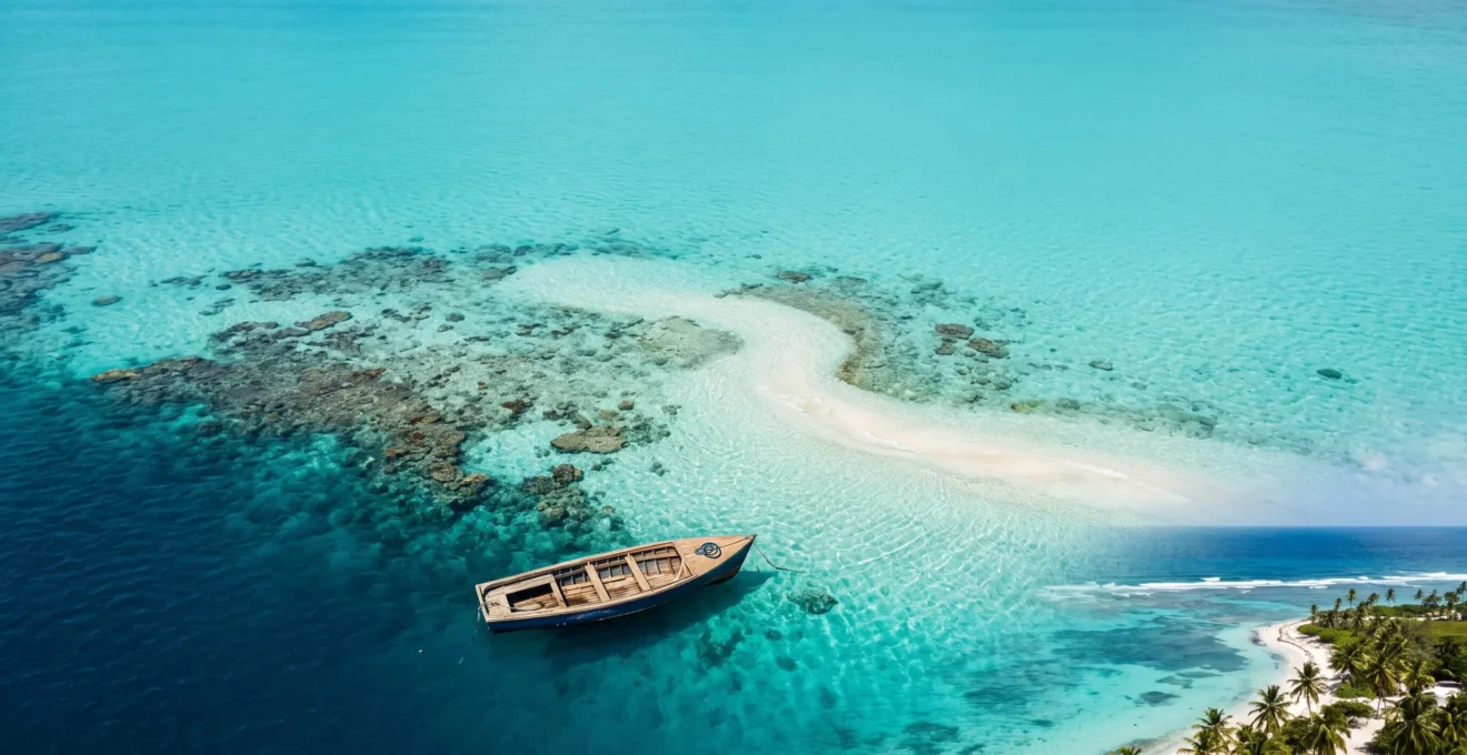 Vue aérienne d'une eau turquoise cristalline des Caraïbes révélant les fonds marins et un récif corallien en profondeur