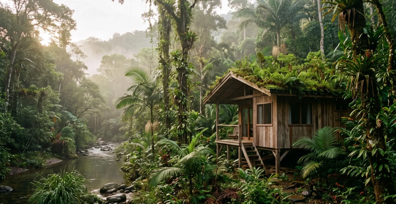 Bungalow écologique en bois niché dans une forêt tropicale dense, symbole d'un tourisme durable authentique