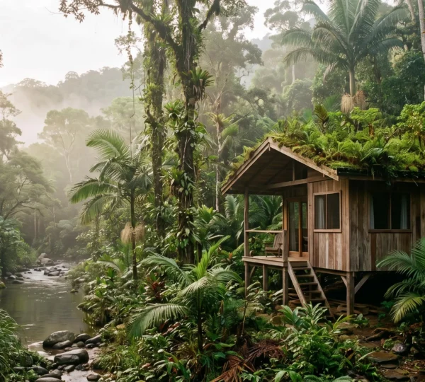 Bungalow écologique en bois niché dans une forêt tropicale dense, symbole d'un tourisme durable authentique