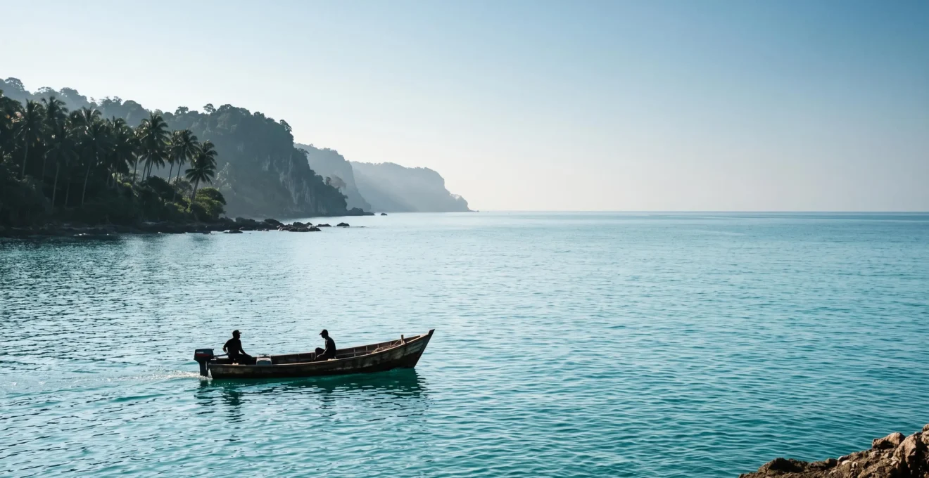 Petit bateau en bois voguant seul sur une mer turquoise calme au large d'une côte sauvage des Caraïbes, sans autre embarcation à l'horizon