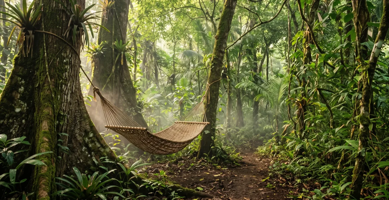 Hamac suspendu entre deux arbres tropicaux dans une forêt dominicaine baignée de lumière filtrée, symbole de déconnexion totale