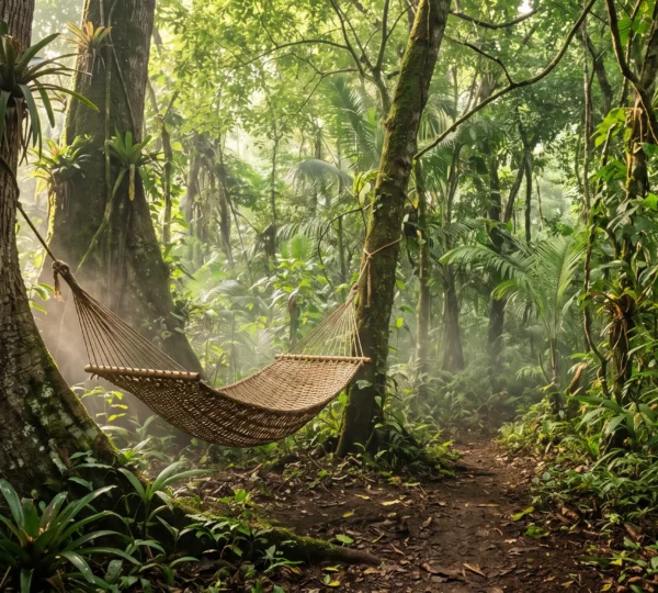 Hamac suspendu entre deux arbres tropicaux dans une forêt dominicaine baignée de lumière filtrée, symbole de déconnexion totale