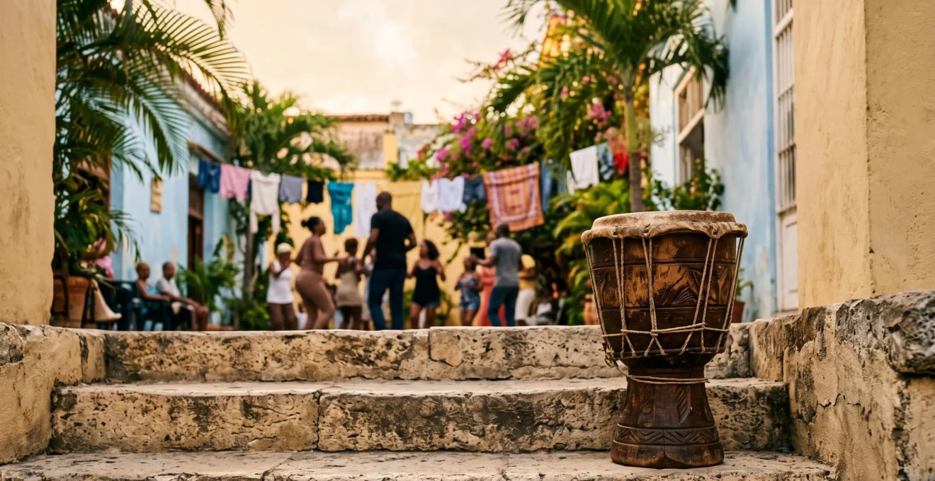 Scène évocatrice illustrant les traces vivantes de l'héritage africain dans le quotidien dominicain actuel