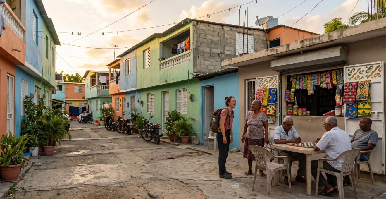 Un voyageur partage un moment convivial avec des habitants dans une rue animée d'un quartier dominicain au coucher du soleil