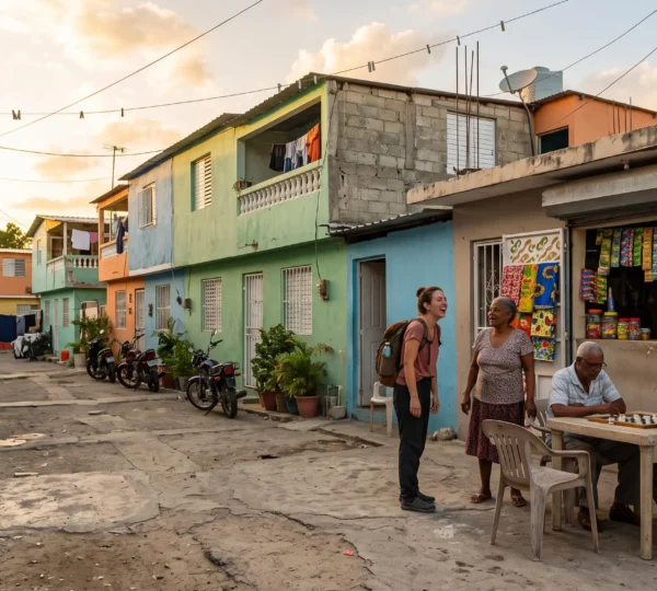Un voyageur partage un moment convivial avec des habitants dans une rue animée d'un quartier dominicain au coucher du soleil