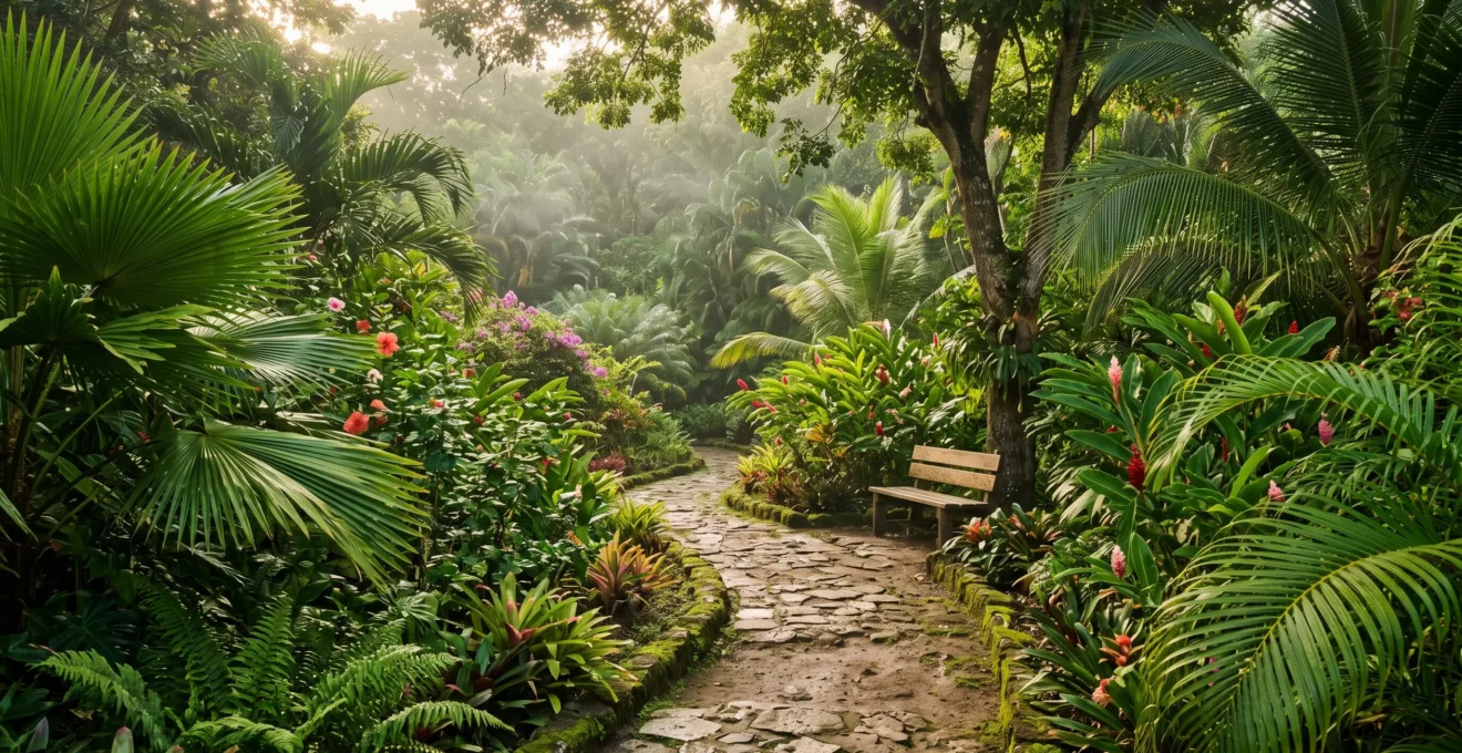 Sentier luxuriant serpentant à travers un jardin tropical dominicain baigné de lumière douce, évoquant une sensation immédiate de calme et de ressourcement.
