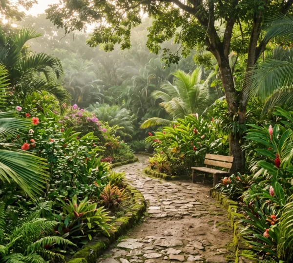 Sentier luxuriant serpentant à travers un jardin tropical dominicain baigné de lumière douce, évoquant une sensation immédiate de calme et de ressourcement.