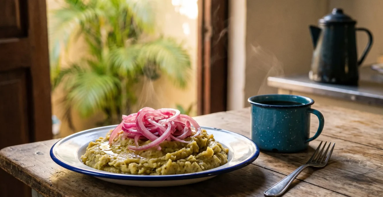 Bol de purée de bananes plantains vertes accompagné d'oignons rouges vinaigrés, typique du petit-déjeuner dominicain