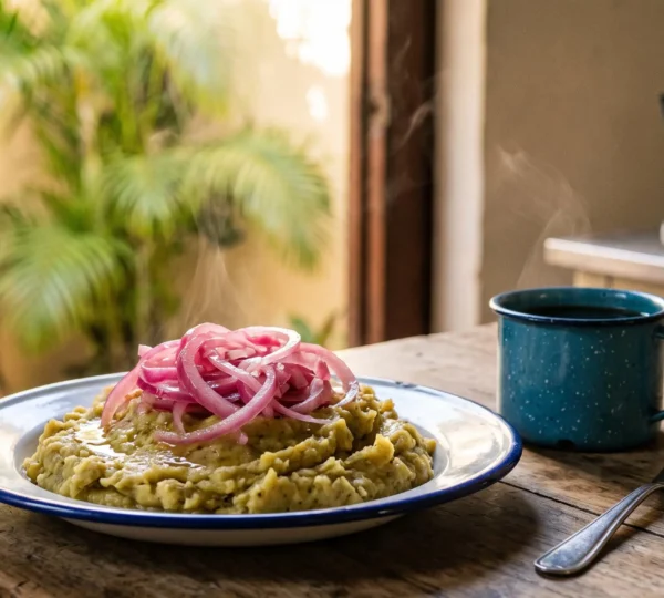 Bol de purée de bananes plantains vertes accompagné d'oignons rouges vinaigrés, typique du petit-déjeuner dominicain