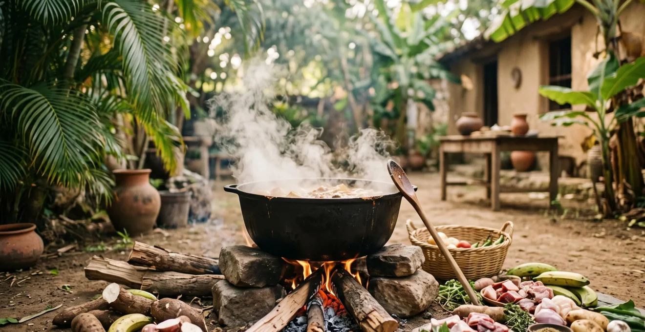 Grande marmite en fonte de sancocho dominicain mijotant lentement en plein air, entourée de racines et viandes traditionnelles