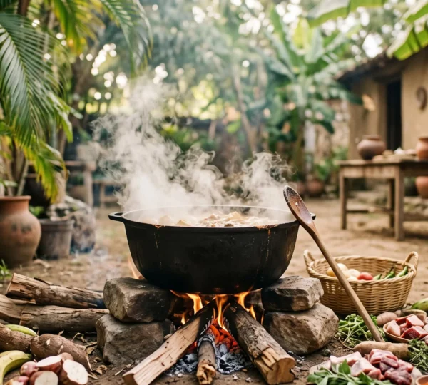 Grande marmite en fonte de sancocho dominicain mijotant lentement en plein air, entourée de racines et viandes traditionnelles