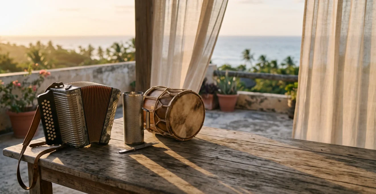 Instruments traditionnels du merengue dominicain baignés de lumière dorée, symbole du patrimoine culturel immatériel de l'UNESCO