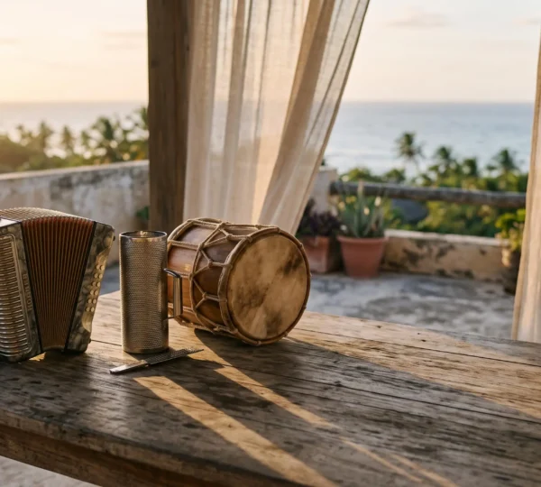 Instruments traditionnels du merengue dominicain baignés de lumière dorée, symbole du patrimoine culturel immatériel de l'UNESCO