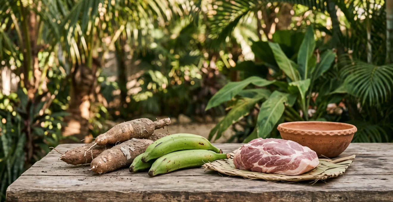 Ingredients emblematiques du metissage culinaire dominicain disposes sur une table rustique en exterieur