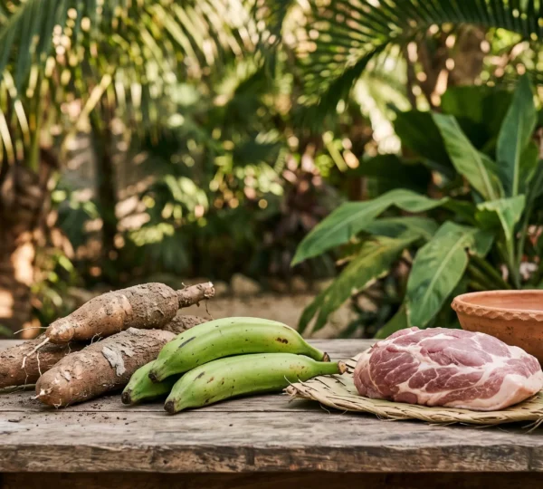 Ingredients emblematiques du metissage culinaire dominicain disposes sur une table rustique en exterieur