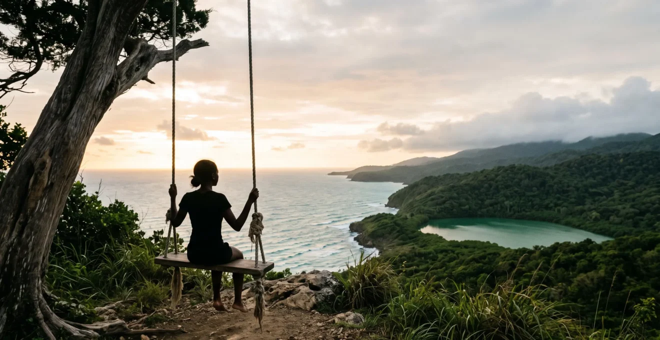 Balancoire suspendue au sommet de la Montana Redonda surplombant l'ocean et la lagune en Republique dominicaine