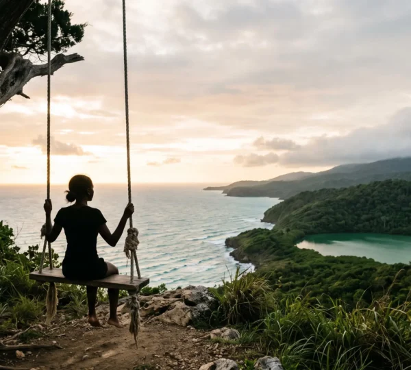 Balancoire suspendue au sommet de la Montana Redonda surplombant l'ocean et la lagune en Republique dominicaine