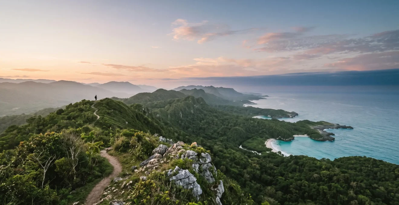 Vue panoramique editoriale illustrant la diversite des paysages naturels proteges de la Republique dominicaine, entre montagne, foret humide et littoral