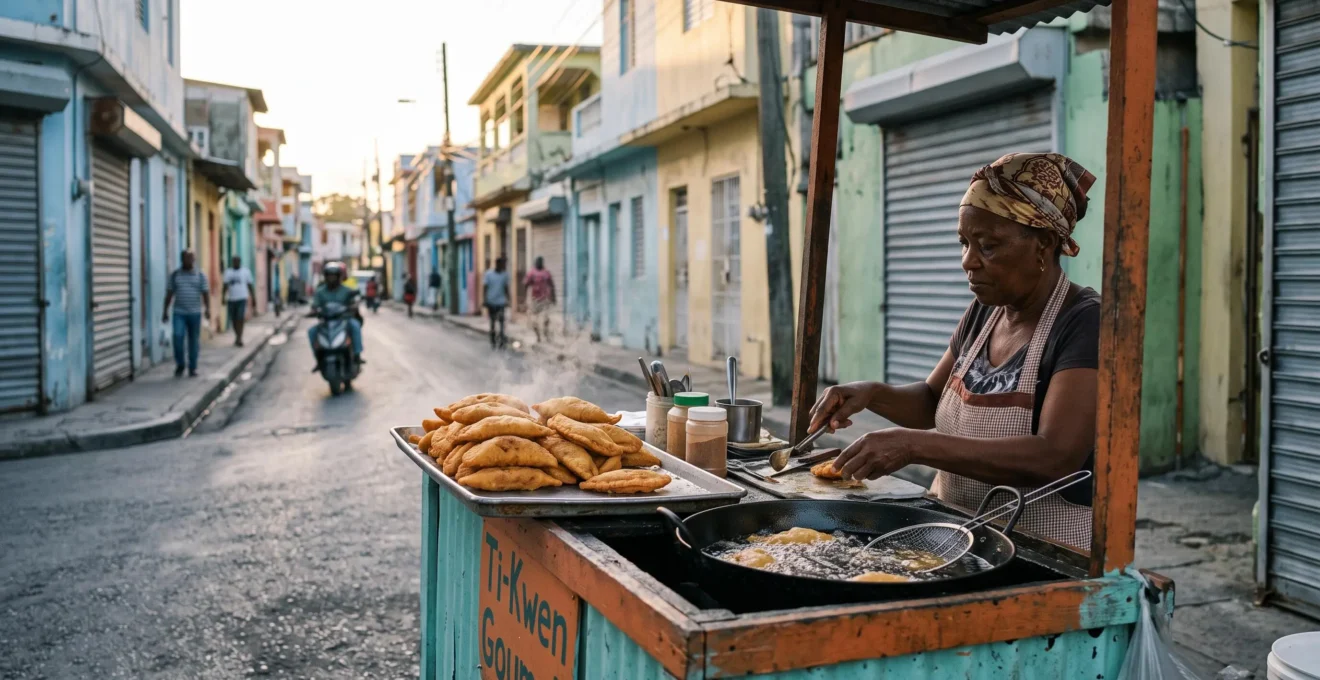 Etal de rue dominicain proposant des pastelitos dores et frits tot le matin