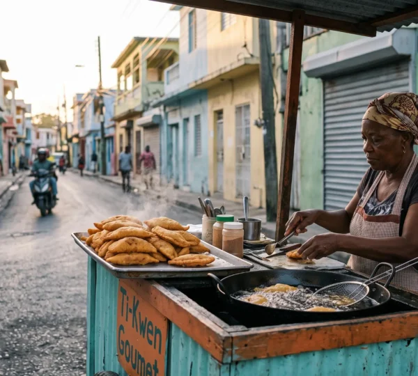 Etal de rue dominicain proposant des pastelitos dores et frits tot le matin