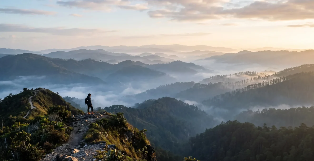 Vue panoramique sur les crêtes montagneuses de la Cordillère centrale dominicaine au lever du soleil, illustrant le plus haut sommet des Caraïbes