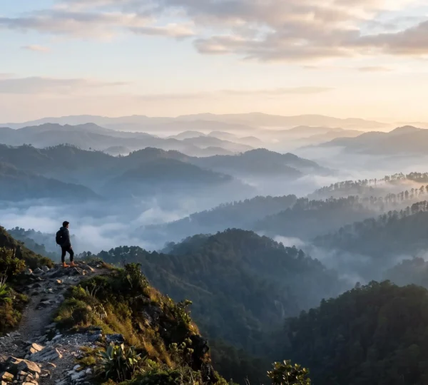 Vue panoramique sur les crêtes montagneuses de la Cordillère centrale dominicaine au lever du soleil, illustrant le plus haut sommet des Caraïbes