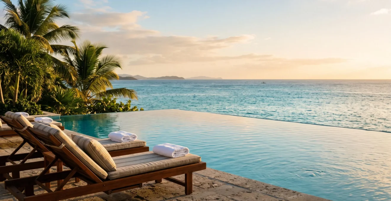 Piscine à débordement d'un resort tout inclus de luxe surplombant la mer des Caraïbes en République dominicaine au coucher du soleil