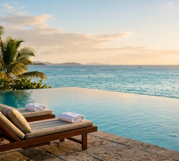 Piscine à débordement d'un resort tout inclus de luxe surplombant la mer des Caraïbes en République dominicaine au coucher du soleil
