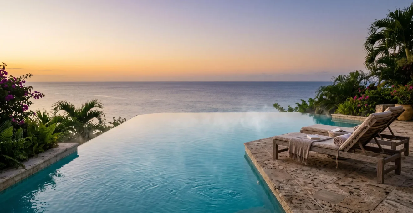 Piscine à débordement luxueuse dont l'eau semble se fondre avec l'horizon de la mer des Caraïbes