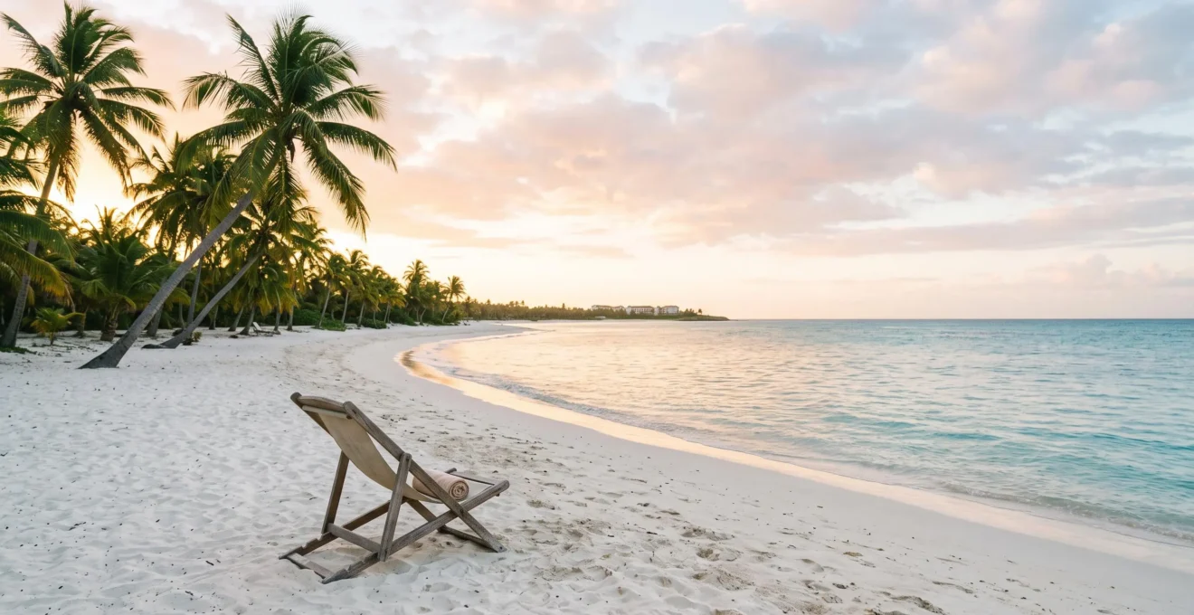 Vue éditoriale d'une plage caribéenne au sable blanc bordée de cocotiers et d'un lagon turquoise