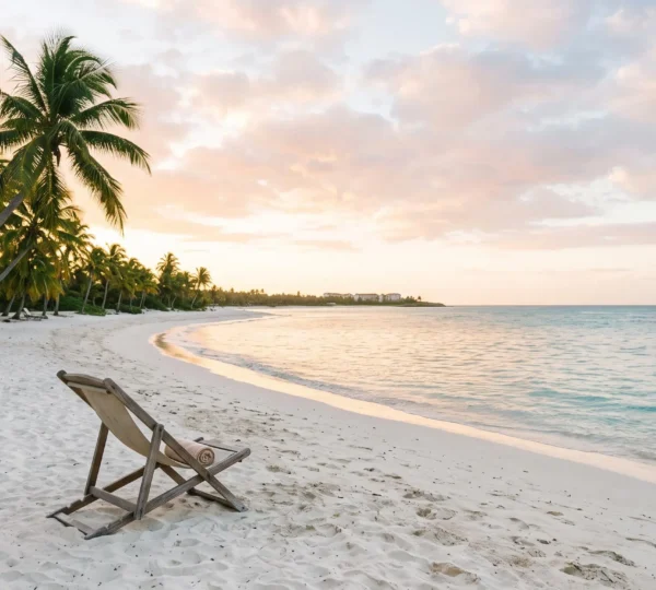 Vue éditoriale d'une plage caribéenne au sable blanc bordée de cocotiers et d'un lagon turquoise