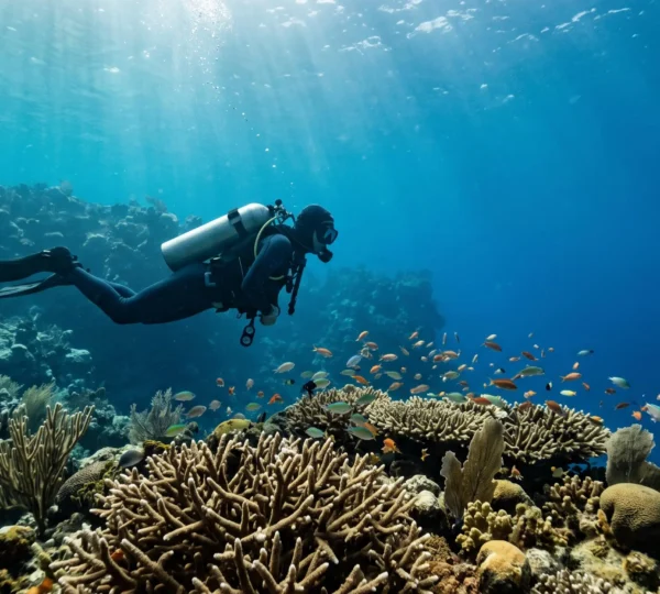Plongeur en pleine exploration d'un récif corallien intact aux eaux turquoise cristallines de la République dominicaine