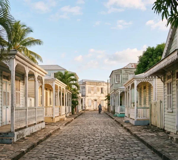 Rue du centre historique de Puerto Plata bordée de maisons créoles victoriennes colorées, contrastant avec l'artificialité des zones touristiques standardisées