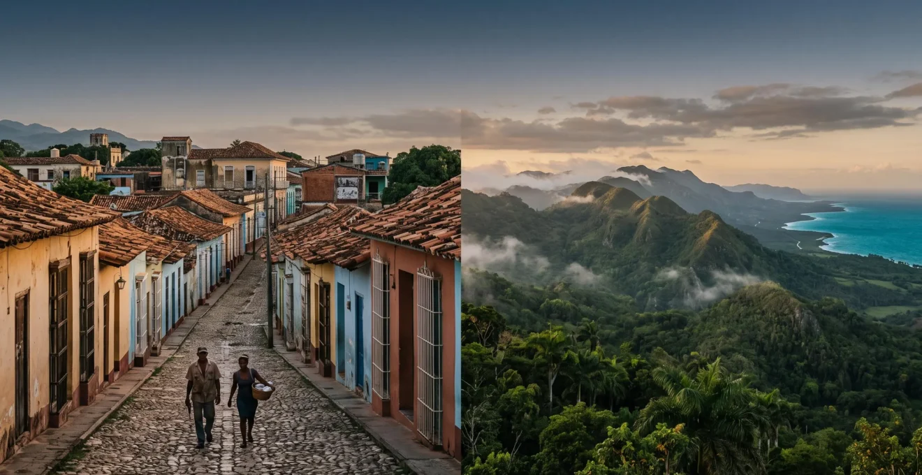 Vue panoramique mêlant montagnes tropicales verdoyantes, architecture coloniale et scène de vie locale, symbolisant les multiples facettes de la République dominicaine