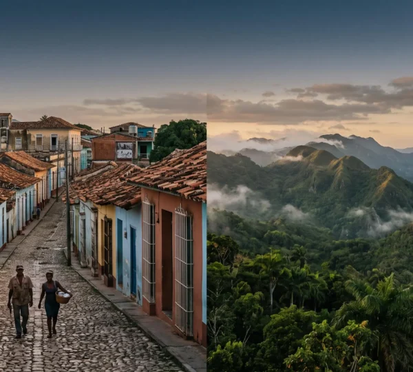 Vue panoramique mêlant montagnes tropicales verdoyantes, architecture coloniale et scène de vie locale, symbolisant les multiples facettes de la République dominicaine