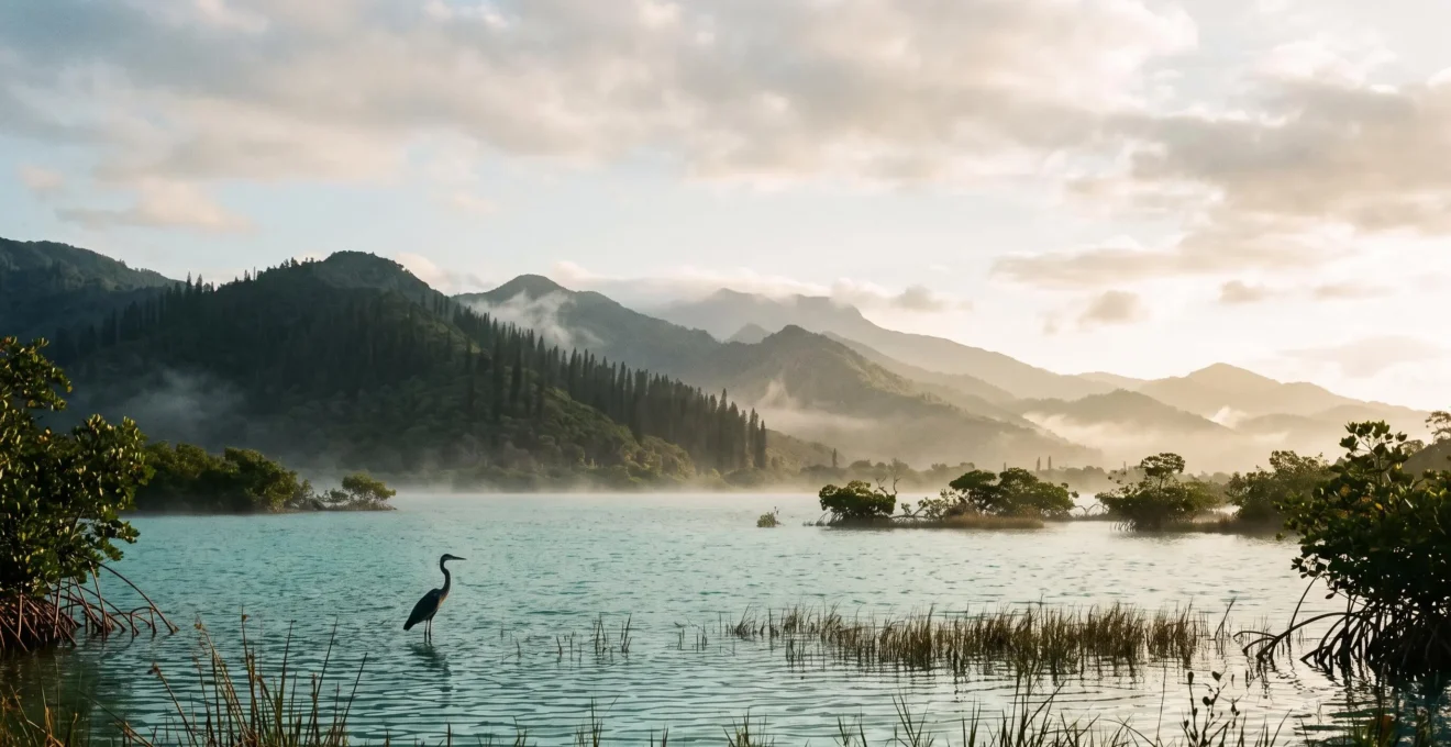 Vue panoramique d'une réserve de biosphère en République dominicaine mêlant montagnes, forêt tropicale et lagune côtière