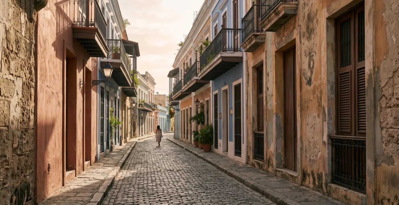 Ruelle pavée de la zone coloniale de Saint-Domingue baignée par la lumière douce du matin, avec façades colorées et ombres portées