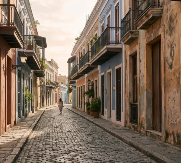 Ruelle pavée de la zone coloniale de Saint-Domingue baignée par la lumière douce du matin, avec façades colorées et ombres portées