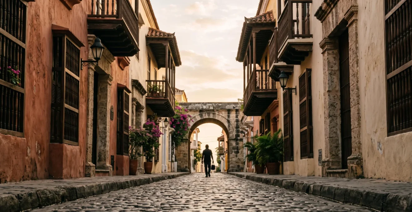 Ruelle pavée bordée de façades coloniales espagnoles du XVIe siècle dans la Zone Coloniale de Saint-Domingue au coucher du soleil