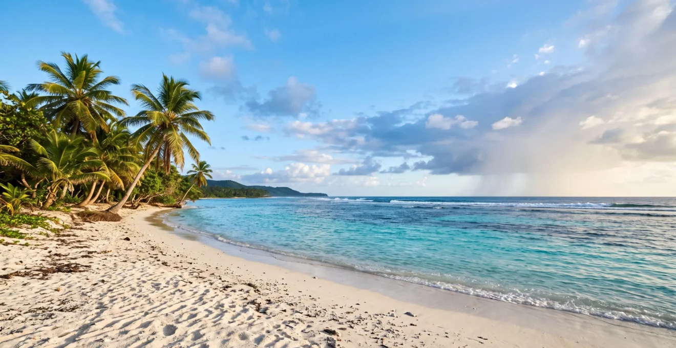 Plage caraïbéenne baignée de soleil avec palmiers et eau turquoise, symbolisant l'ensoleillement constant de la République dominicaine