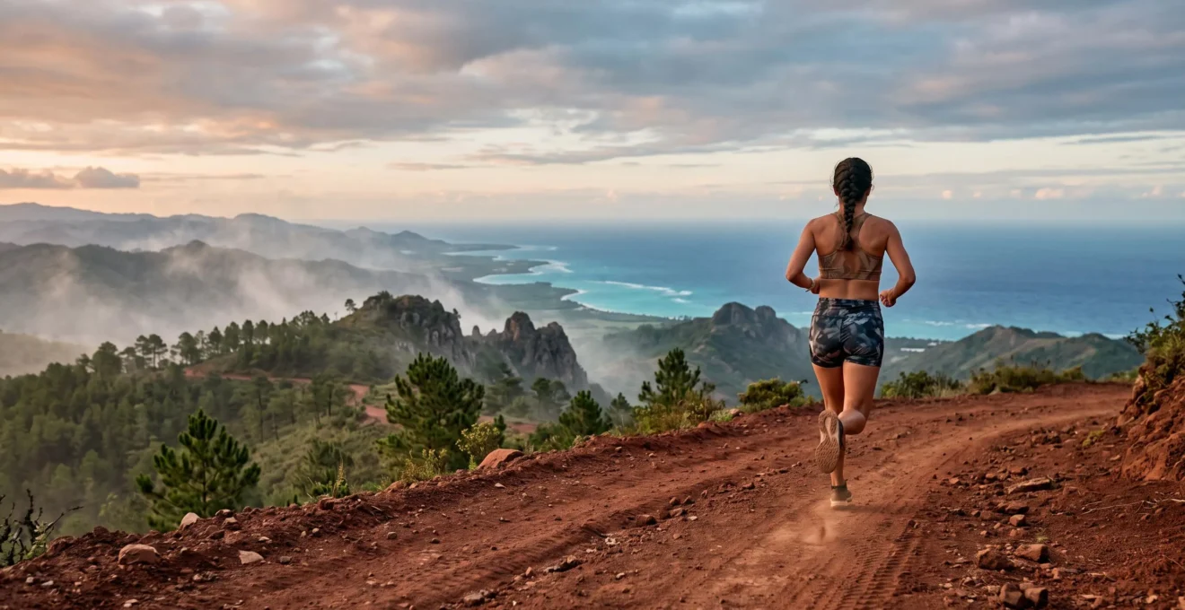 Sportif en pleine action dans un paysage naturel varié de République dominicaine, entre montagne et littoral