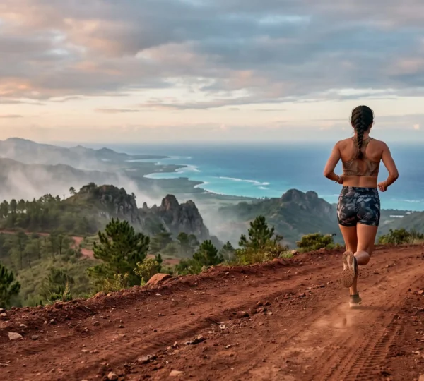 Sportif en pleine action dans un paysage naturel varié de République dominicaine, entre montagne et littoral